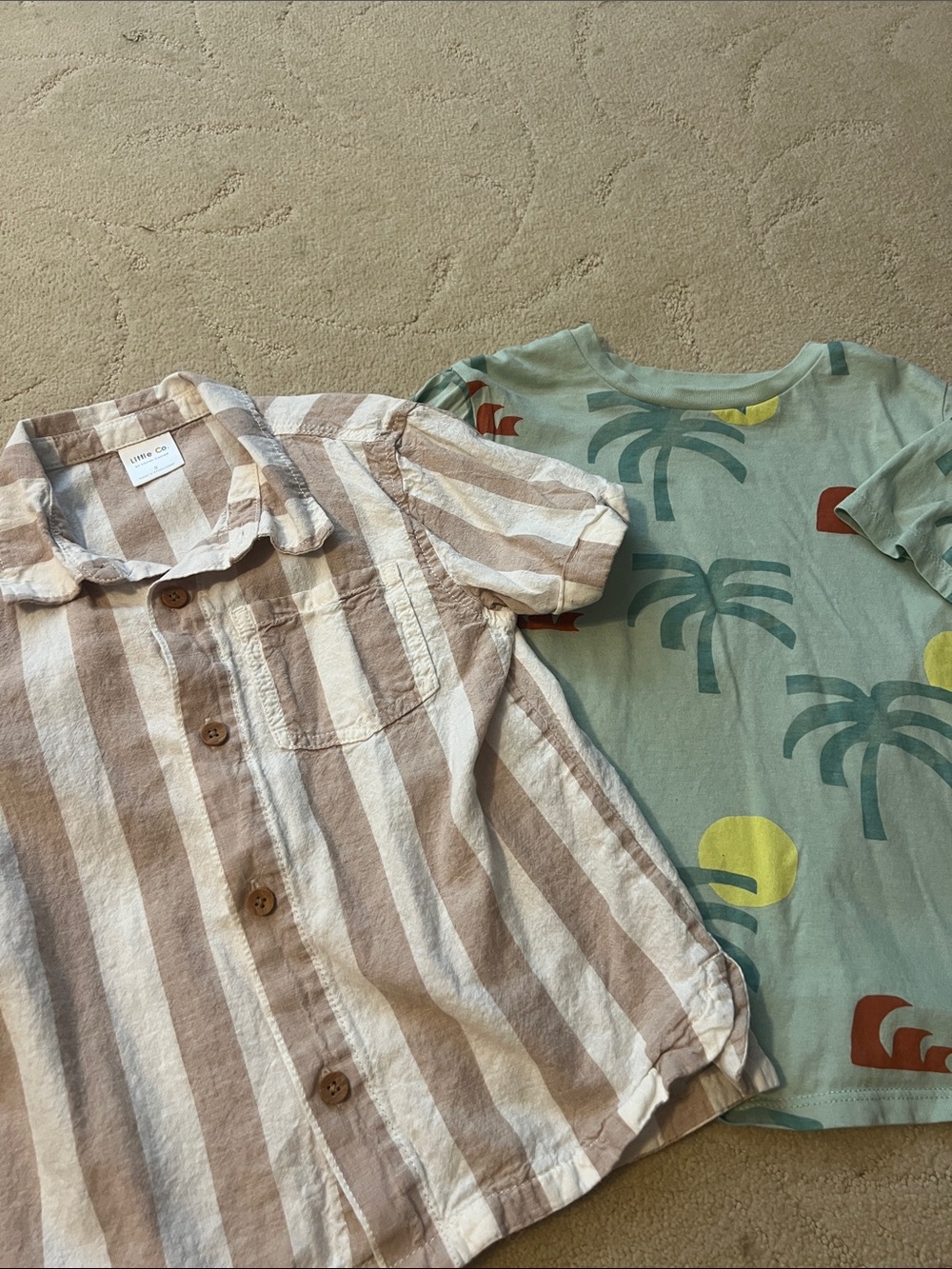 Green Palm Print Tee & Little Co. Beige Striped Button Shirt Set